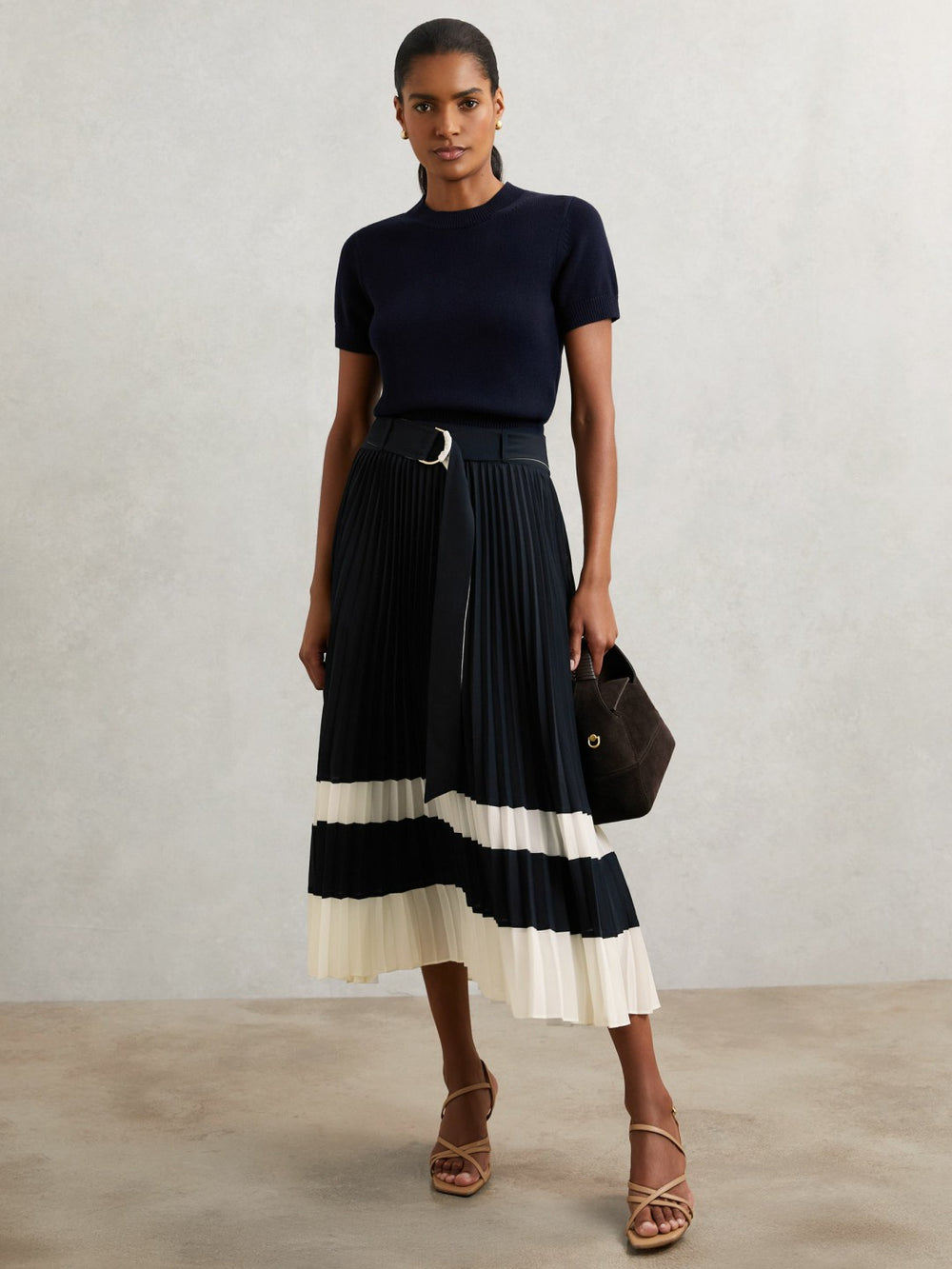 Women Belted Pleated Midi Skirt in Navy/Ivory