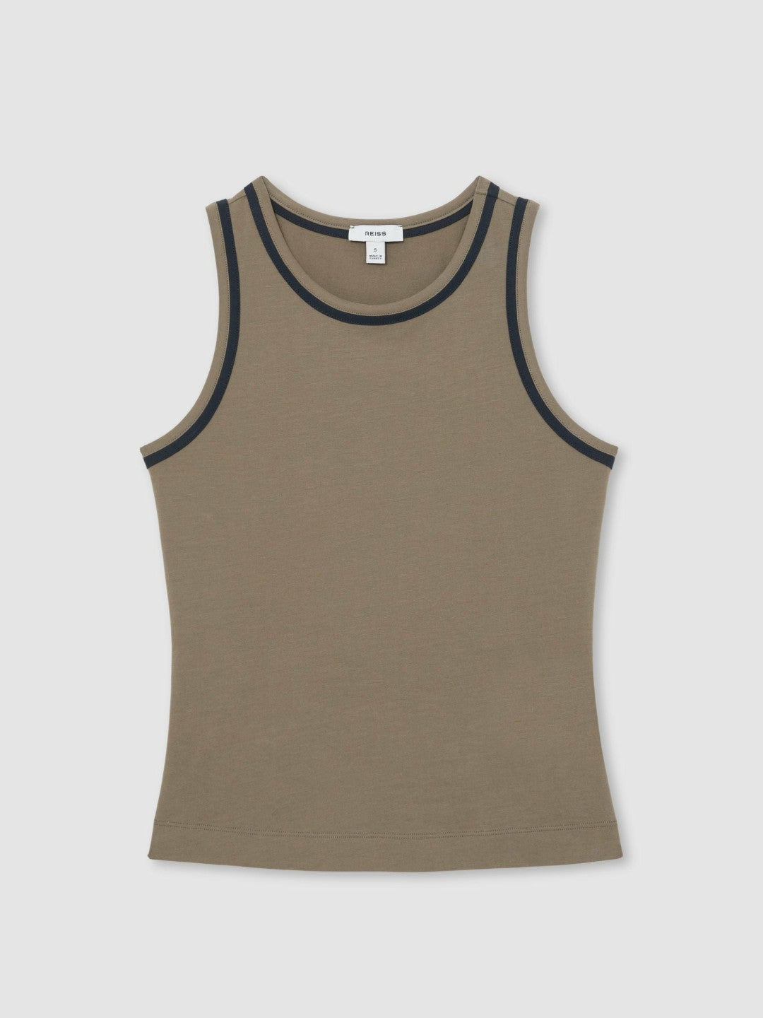 Women Stretch-Cotton Jersey Tipped Vest in Khaki Green/Navy