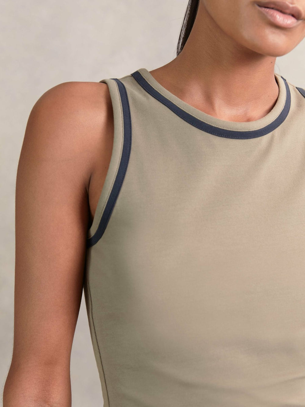 Women Stretch-Cotton Jersey Tipped Vest in Khaki Green/Navy