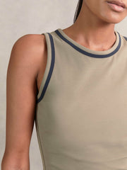 Women Stretch-Cotton Jersey Tipped Vest in Khaki Green/Navy