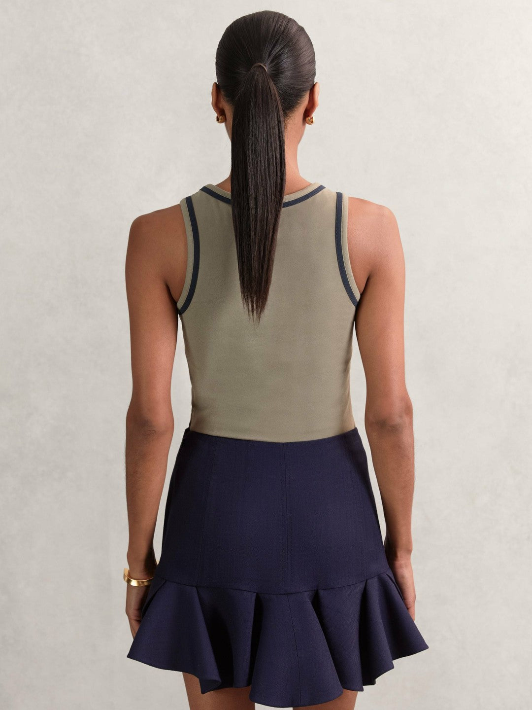 Women Stretch-Cotton Jersey Tipped Vest in Khaki Green/Navy