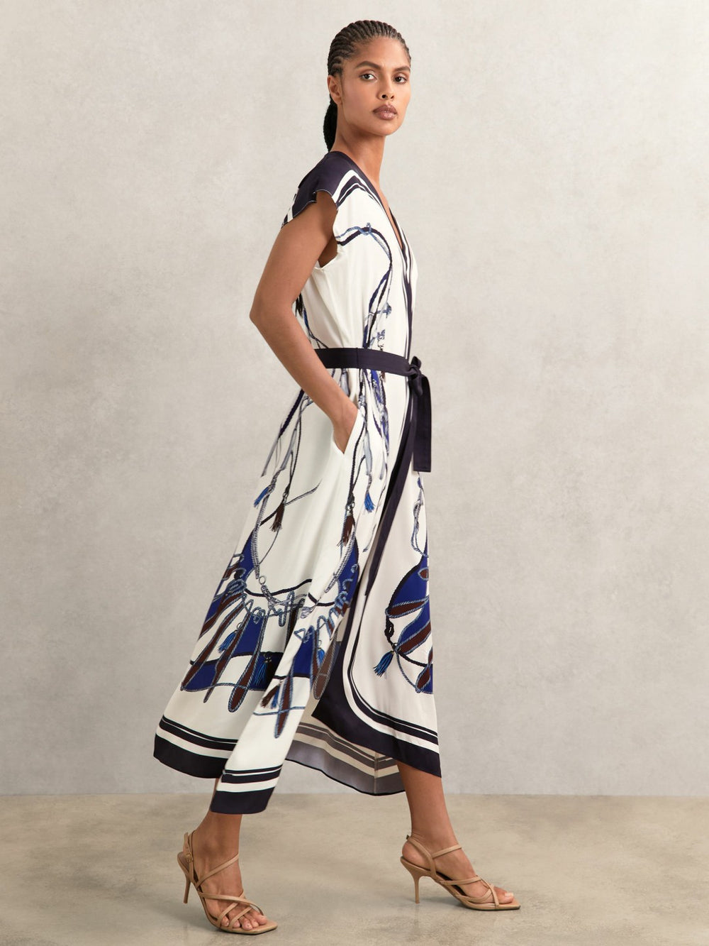 Women Scarf-Print V-Neck Belted Midi Dress in Blue/Brown