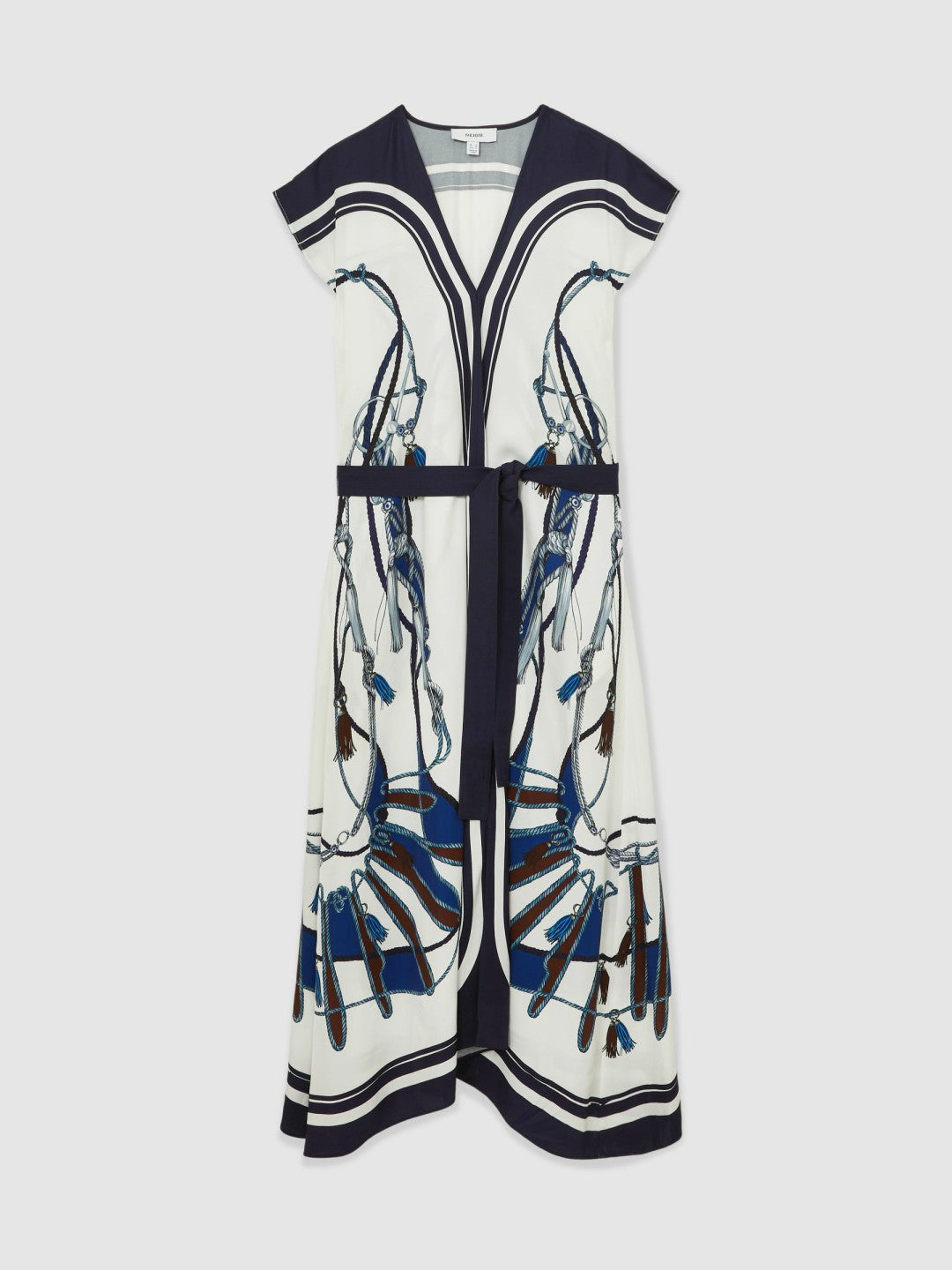 Women Scarf-Print V-Neck Belted Midi Dress in Blue/Brown