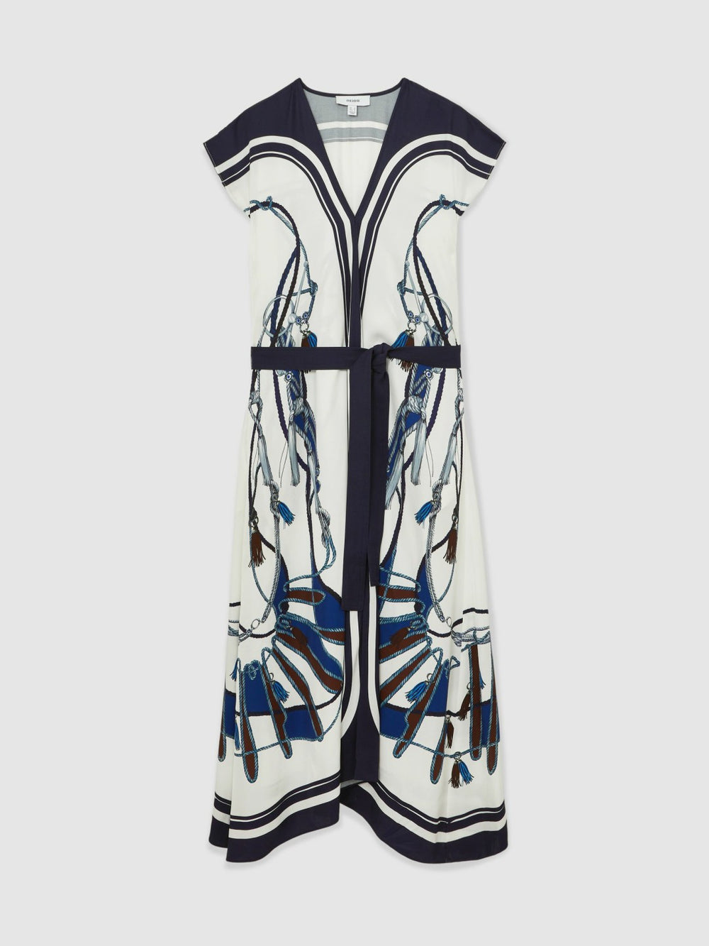 Women Scarf-Print V-Neck Belted Midi Dress in Blue/Brown