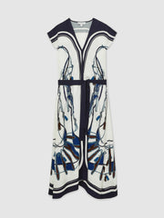 Women Scarf-Print V-Neck Belted Midi Dress in Blue/Brown