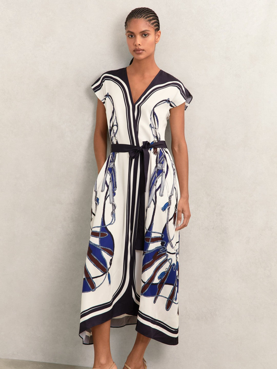 Women Scarf-Print V-Neck Belted Midi Dress in Blue/Brown
