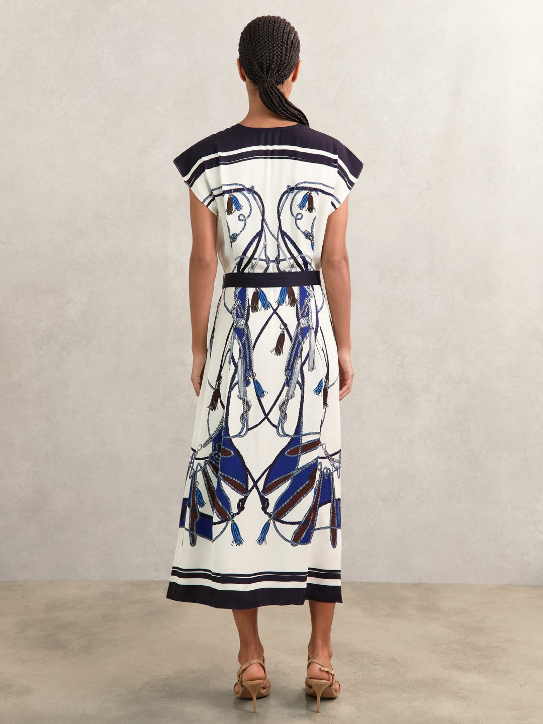Women Scarf-Print V-Neck Belted Midi Dress in Blue/Brown