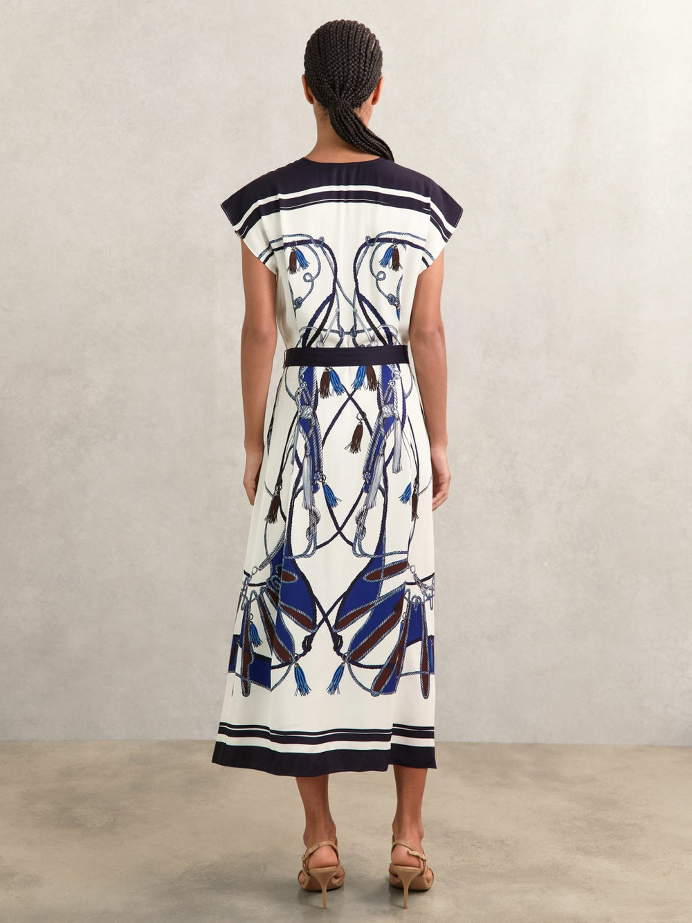 Women Scarf-Print V-Neck Belted Midi Dress in Blue/Brown
