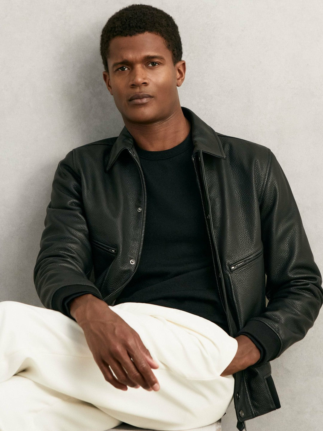 Men Grained Leather Zip Through Jacket in Black