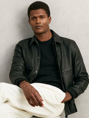 Men Grained Leather Zip Through Jacket in Black