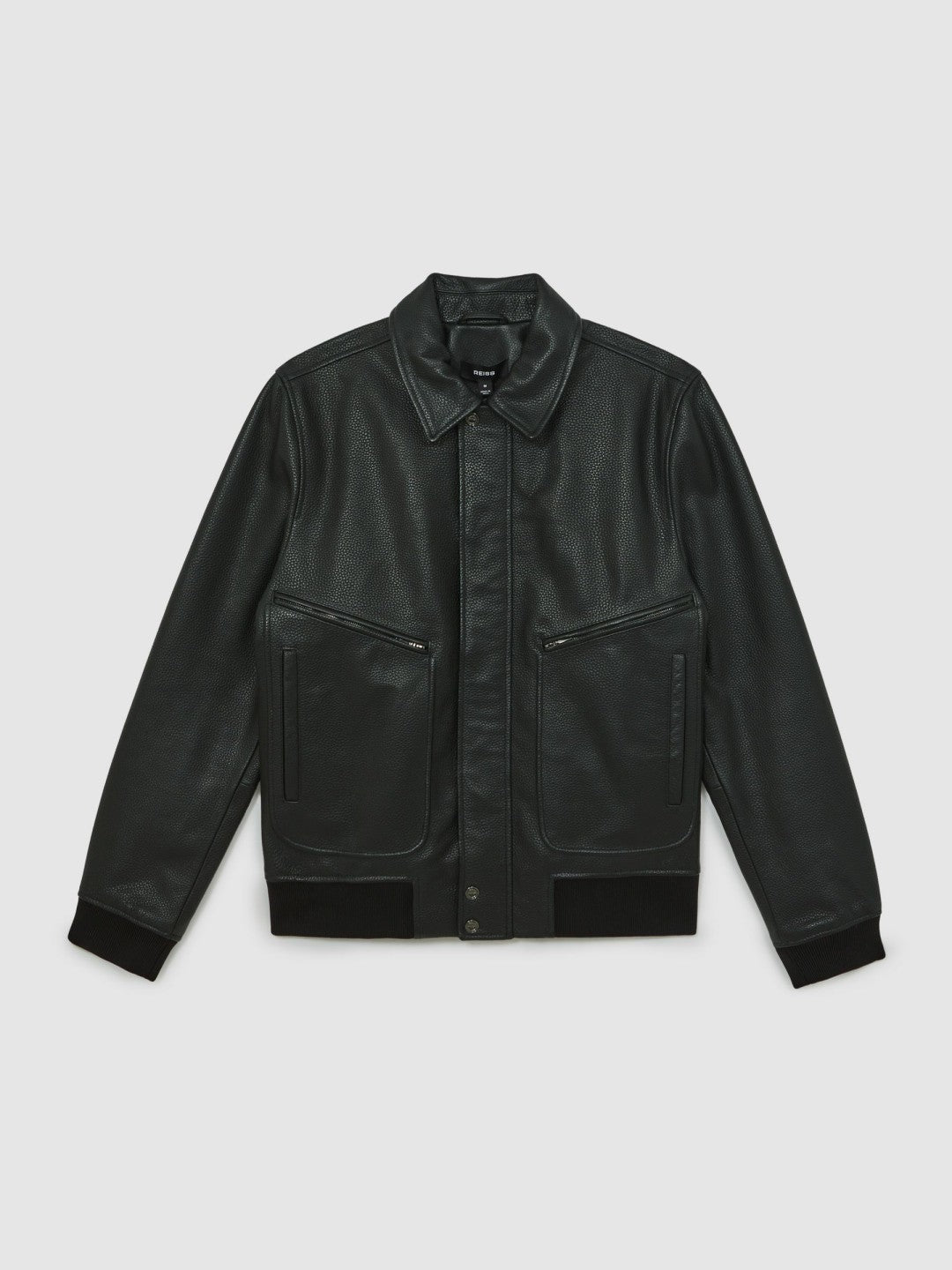 Men Grained Leather Zip Through Jacket in Black