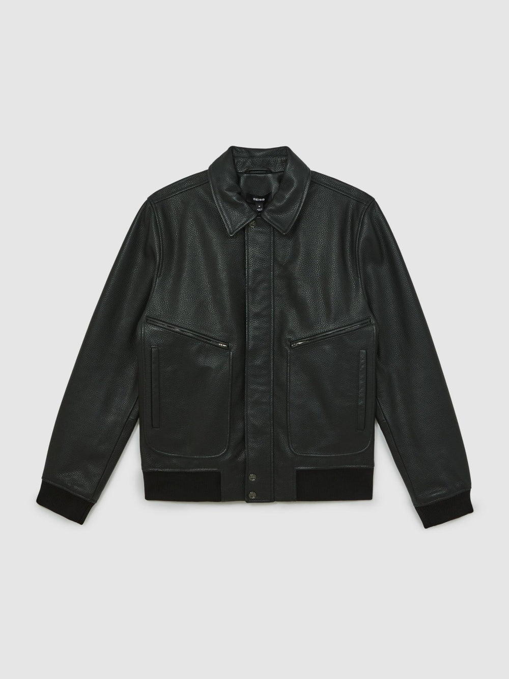 Men Grained Leather Zip Through Jacket in Black