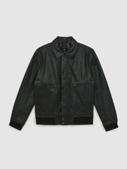 Men Grained Leather Zip Through Jacket in Black