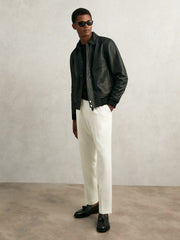 Men Grained Leather Zip Through Jacket in Black