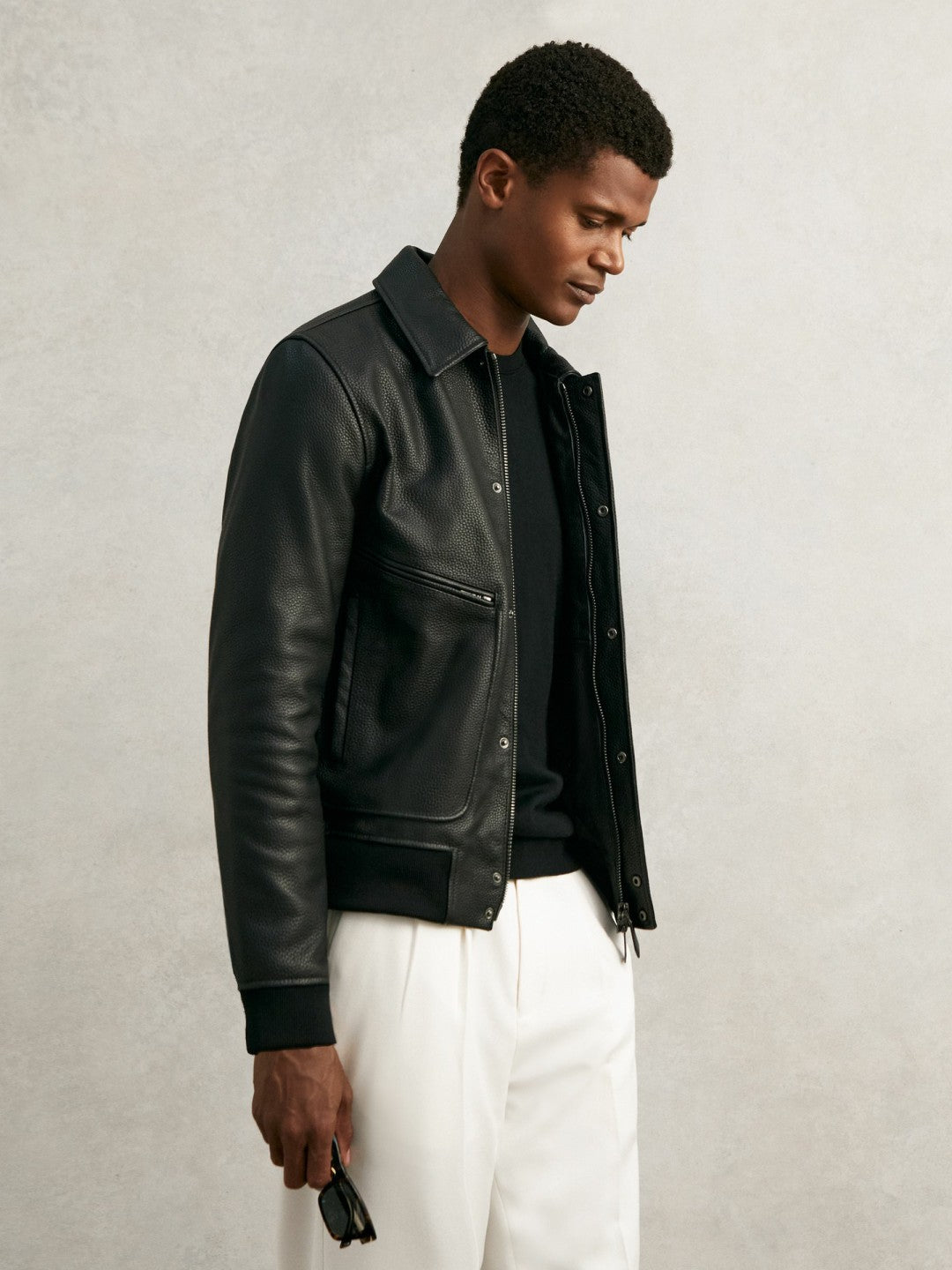 Men Grained Leather Zip Through Jacket in Black