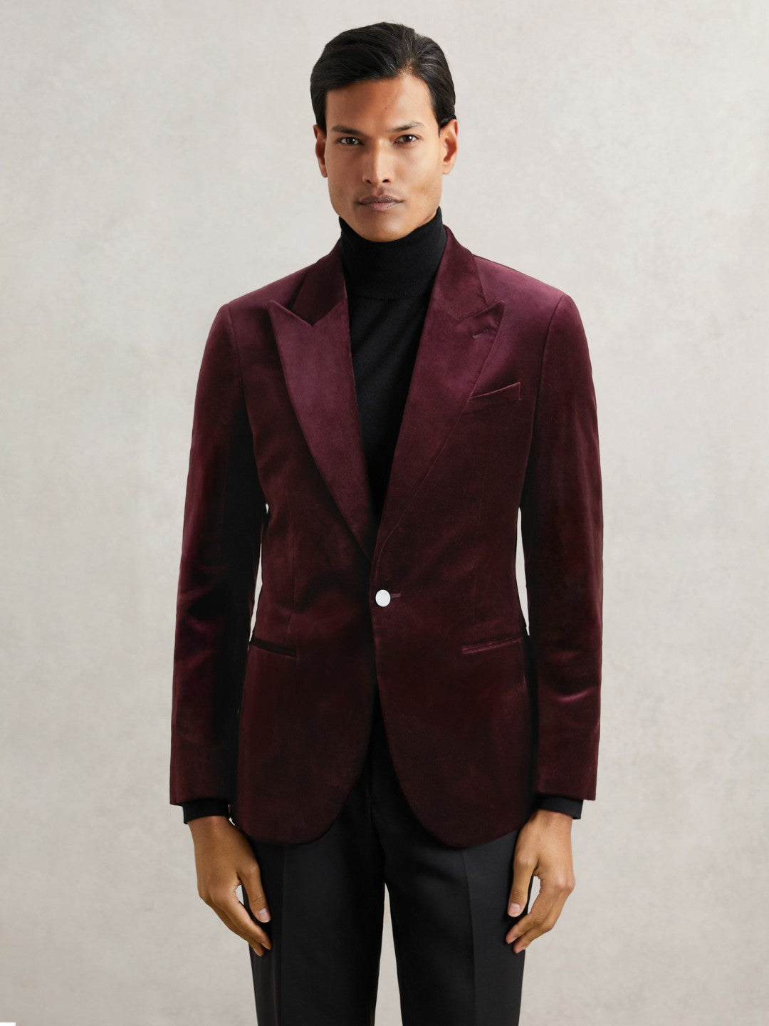 Men Single-Breasted Velvet Blazer Regular-Fit in Bordeaux