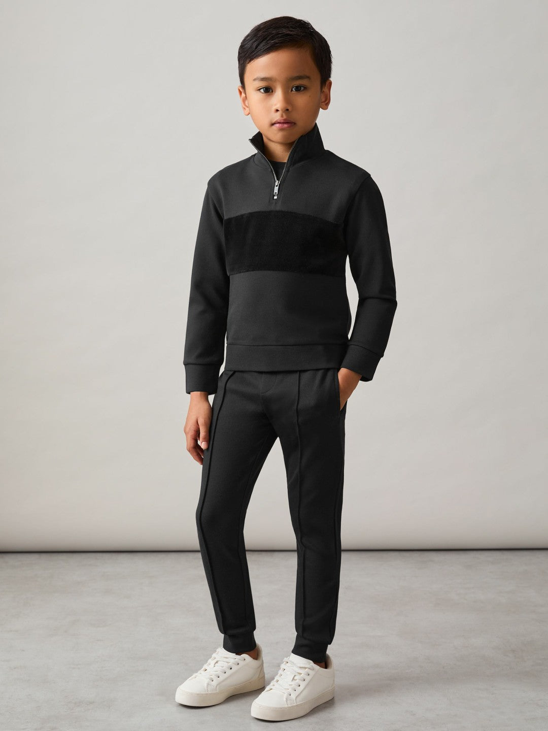 Children & Baby 13-14 yrs Slim Fit Half-Zip Funnel Neck Velour Sweatshirt in Black