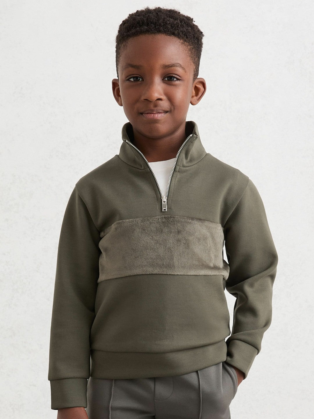 Children & Baby 3-9 yrs Slim Fit Half-Zip Funnel Neck Velour Sweatshirt in Dark Sage Green