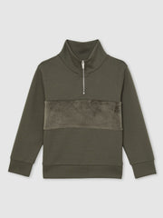 Children & Baby 3-9 yrs Slim Fit Half-Zip Funnel Neck Velour Sweatshirt in Dark Sage Green