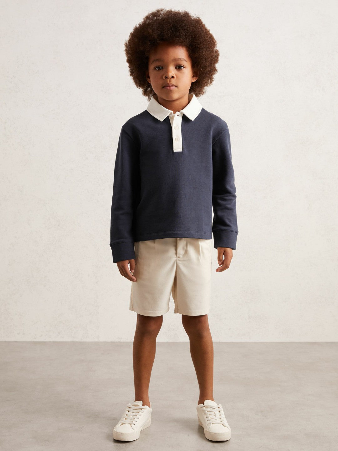 Children & Baby Cotton Half-Button Rugby Polo Shirt in Navy/White