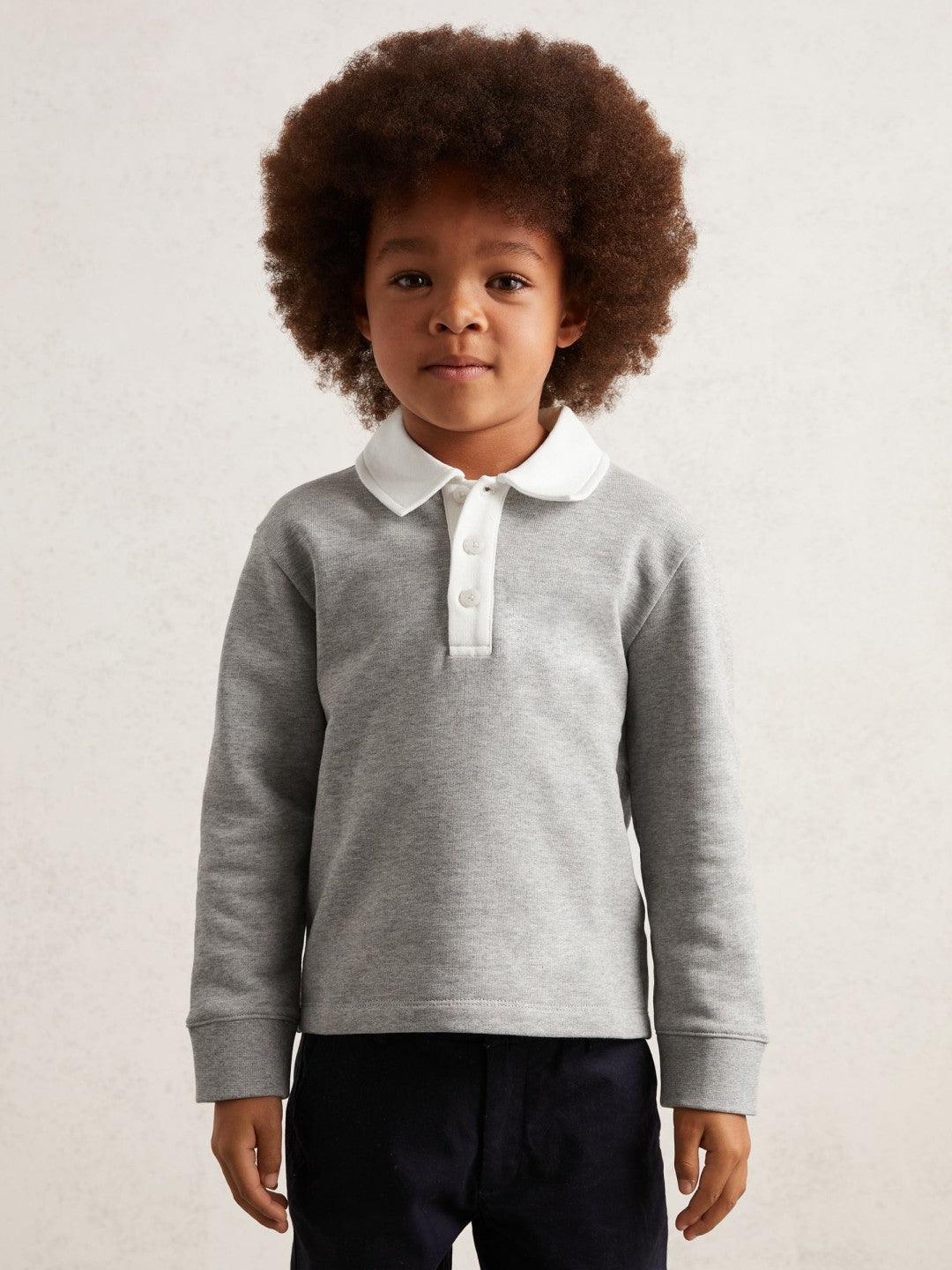 Children & Baby Cotton Half-Button Rugby Polo Shirt in Grey Marl/White