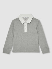 Children & Baby Cotton Half-Button Rugby Polo Shirt in Grey Marl/White