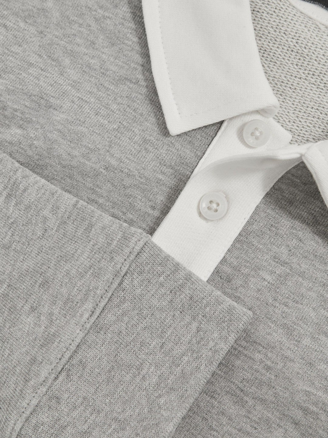 Children & Baby Cotton Half-Button Rugby Polo Shirt in Grey Marl/White