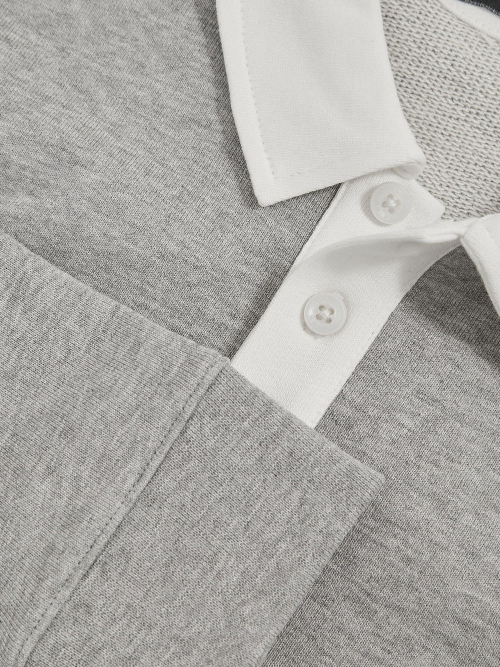 Children & Baby Cotton Half-Button Rugby Polo Shirt in Grey Marl/White