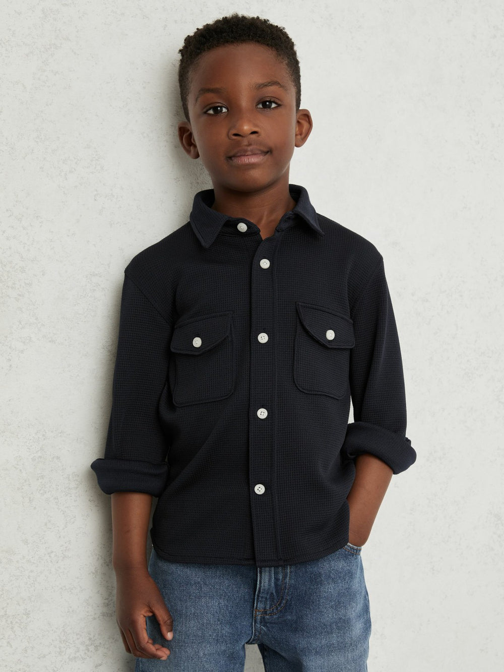 Children & Baby 9-13 yrs Waffle-Textured Twin-Pocket Overshirt in Navy
