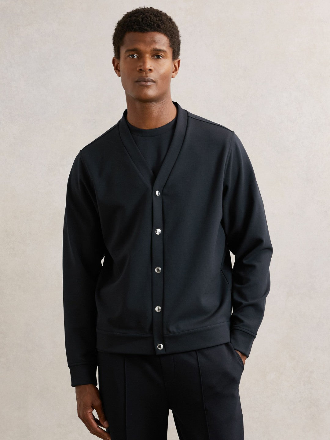 Men V-Neck Interlock Jersey Cardigan in Navy