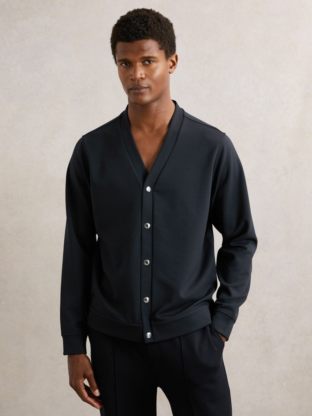 Men V-Neck Interlock Jersey Cardigan in Navy