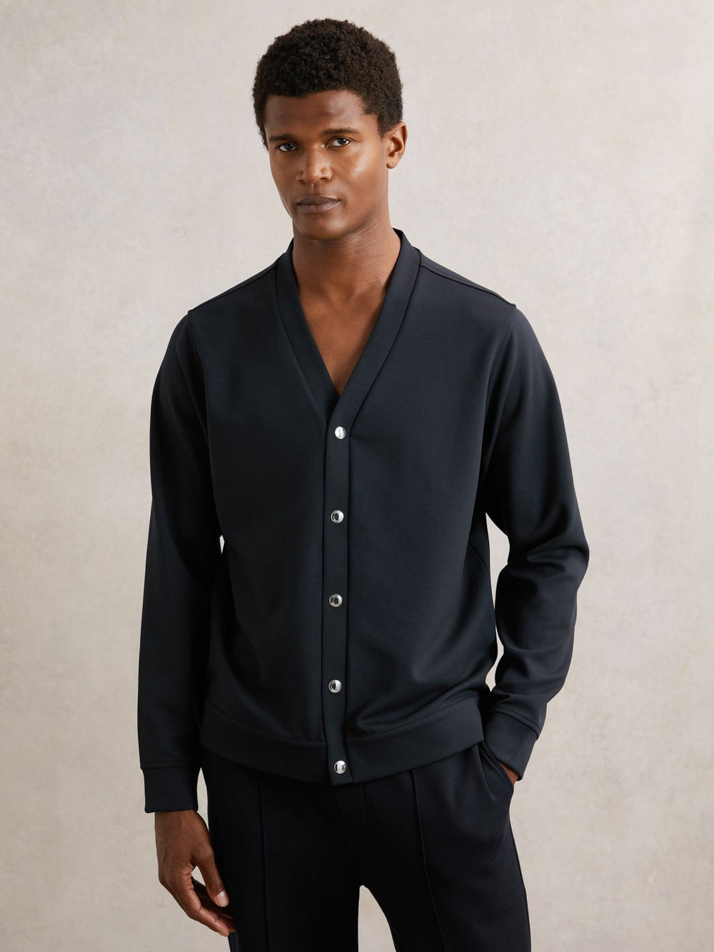 Men V-Neck Interlock Jersey Cardigan in Navy