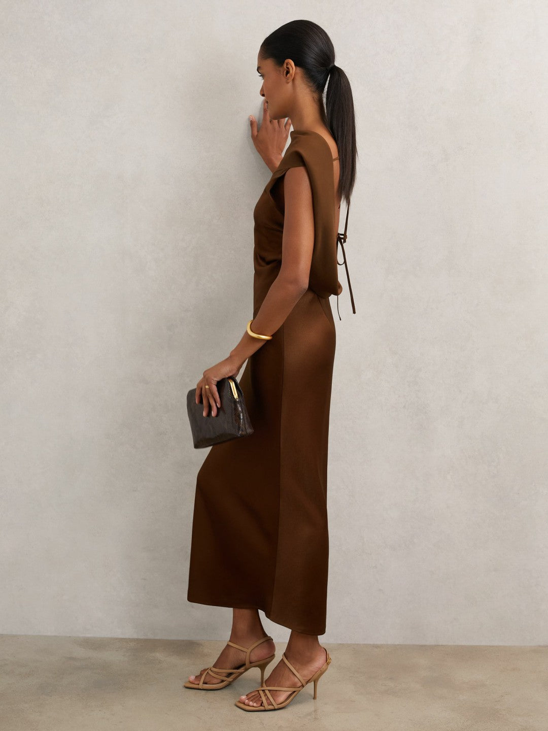 Women Petite Back Detail Midi Dress in Bronze