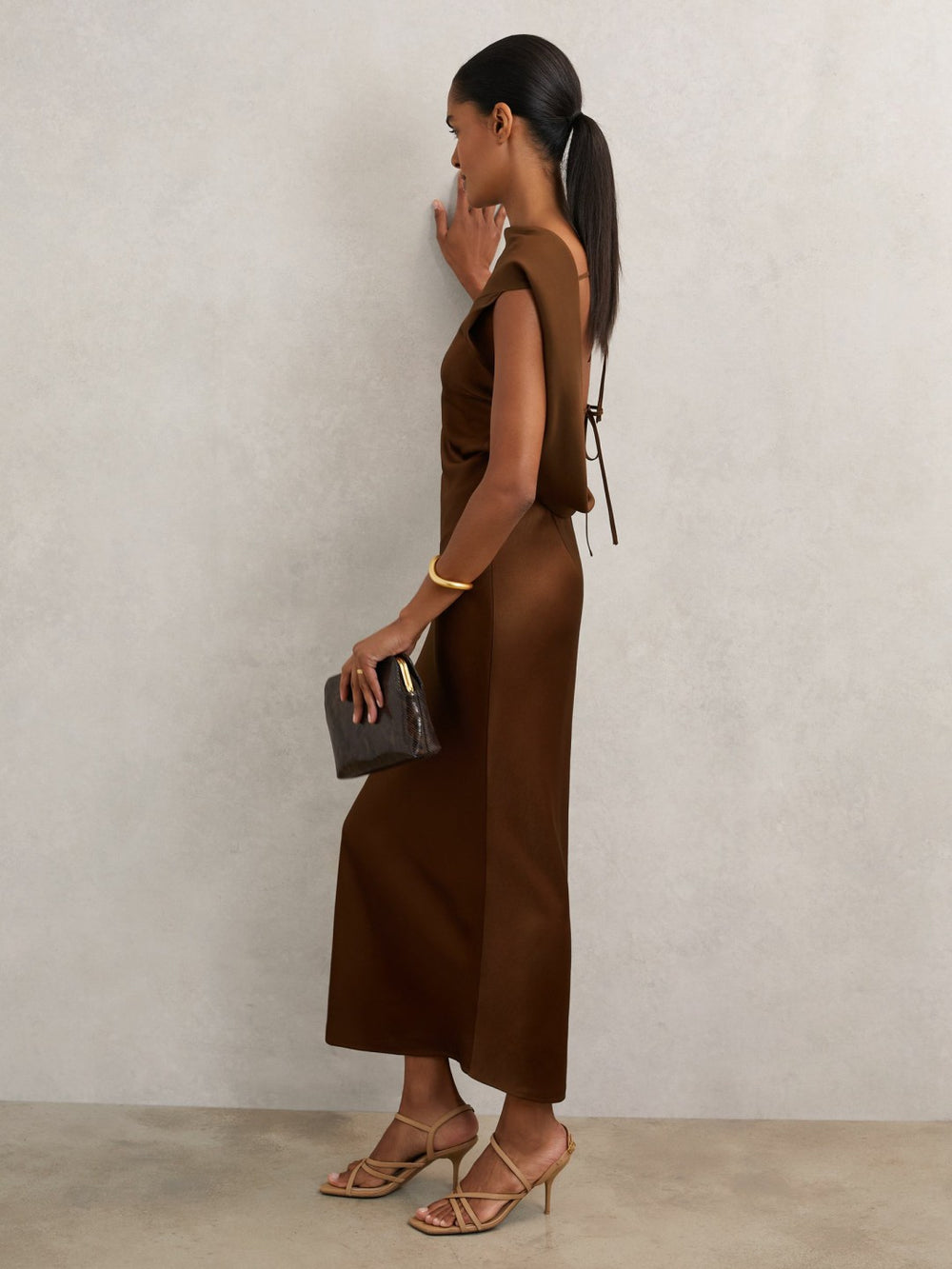 Women Petite Back Detail Midi Dress in Bronze