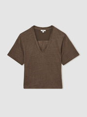 Women Linen V-Neck T-Shirt in Brown