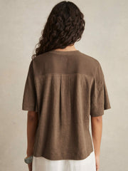 Women Linen V-Neck T-Shirt in Brown