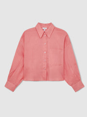 Women Oversize Linen Cropped Shirt in Pink