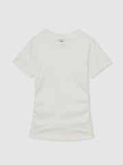 Women Stretch-Cotton Ruched Ribbed T-Shirt in White