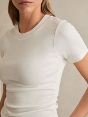 Women Stretch-Cotton Ruched Ribbed T-Shirt in White
