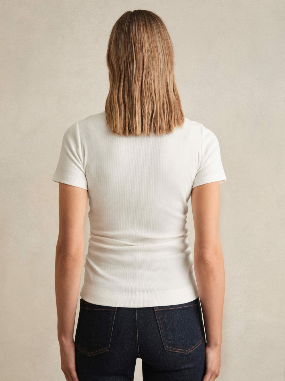 Women Stretch-Cotton Ruched Ribbed T-Shirt in White