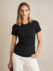 Women Stretch-Cotton Ruched Ribbed T-Shirt in Black