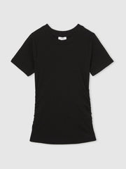 Women Stretch-Cotton Ruched Ribbed T-Shirt in Black