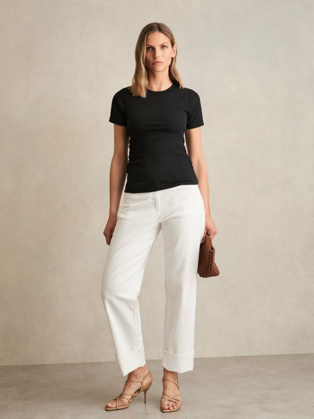 Women Stretch-Cotton Ruched Ribbed T-Shirt in Black
