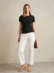 Women Stretch-Cotton Ruched Ribbed T-Shirt in Black
