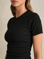 Women Stretch-Cotton Ruched Ribbed T-Shirt in Black