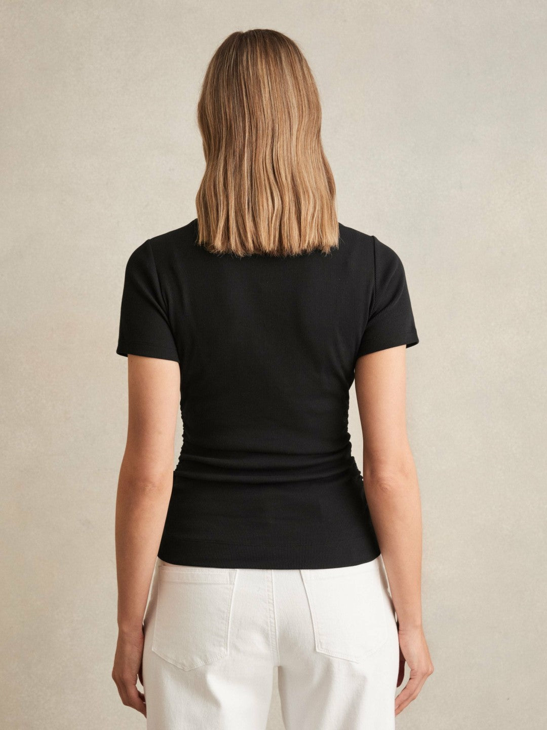 Women Stretch-Cotton Ruched Ribbed T-Shirt in Black