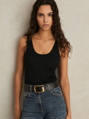 Women Stretch-Cotton Ribbed Vest in Black