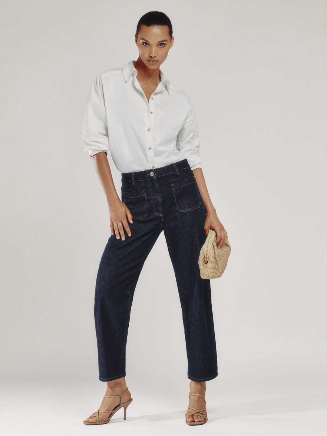 Women Petite Straight Leg Patch Pocket Jeans in Dark Blue