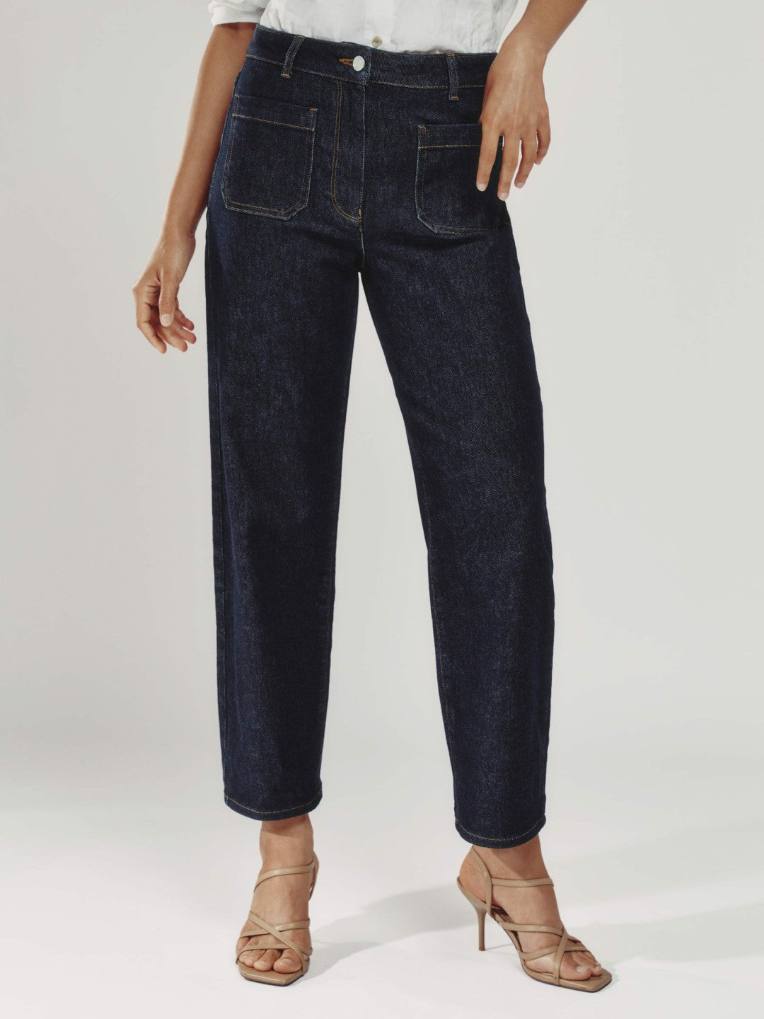 Women Petite Straight Leg Patch Pocket Jeans in Dark Blue