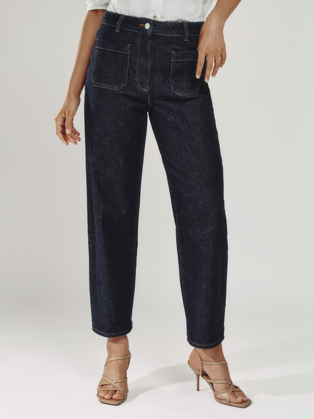 Women Petite Straight Leg Patch Pocket Jeans in Dark Blue